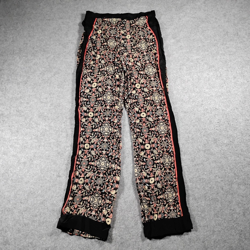Talitha 100% Silk Floral Medallion Wide Leg Pants Black Peach Boho Luxury Small